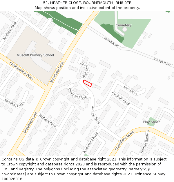 51, HEATHER CLOSE, BOURNEMOUTH, BH8 0ER: Location map and indicative extent of plot