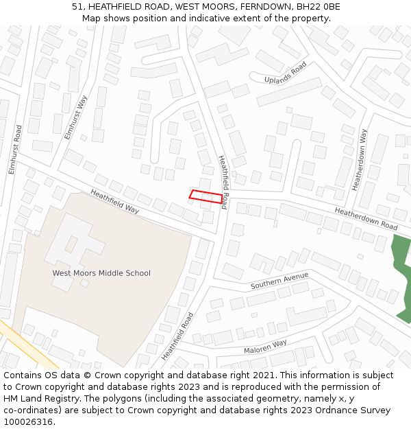 51, HEATHFIELD ROAD, WEST MOORS, FERNDOWN, BH22 0BE: Location map and indicative extent of plot