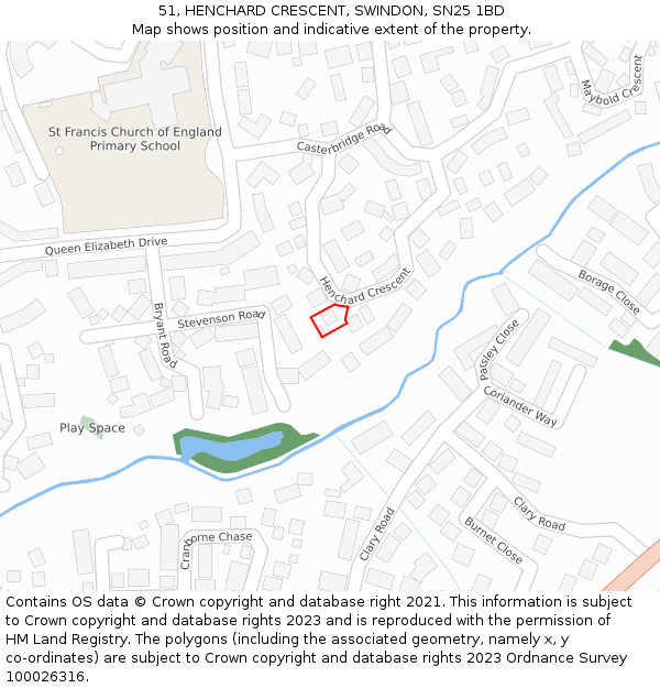 51, HENCHARD CRESCENT, SWINDON, SN25 1BD: Location map and indicative extent of plot