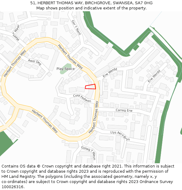 51, HERBERT THOMAS WAY, BIRCHGROVE, SWANSEA, SA7 0HG: Location map and indicative extent of plot