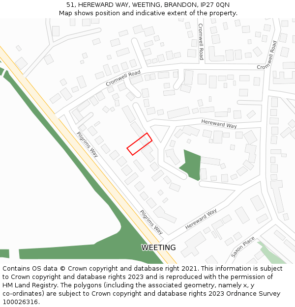 51, HEREWARD WAY, WEETING, BRANDON, IP27 0QN: Location map and indicative extent of plot