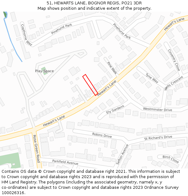 51, HEWARTS LANE, BOGNOR REGIS, PO21 3DR: Location map and indicative extent of plot