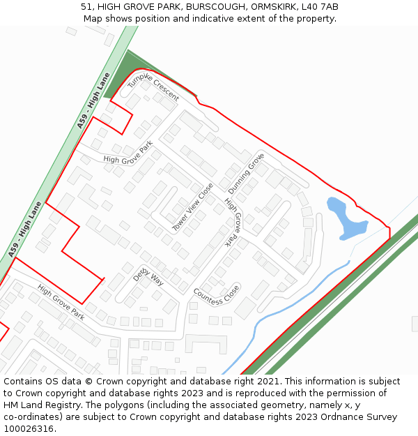 51, HIGH GROVE PARK, BURSCOUGH, ORMSKIRK, L40 7AB: Location map and indicative extent of plot