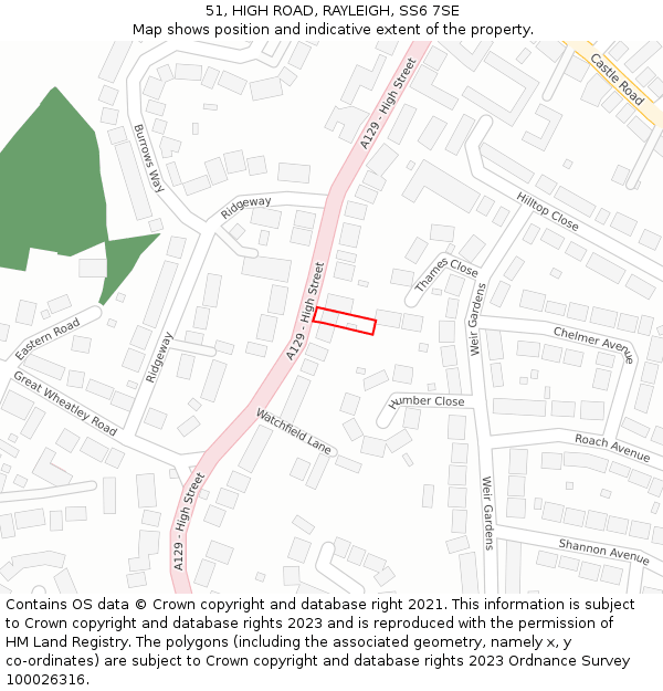 51, HIGH ROAD, RAYLEIGH, SS6 7SE: Location map and indicative extent of plot