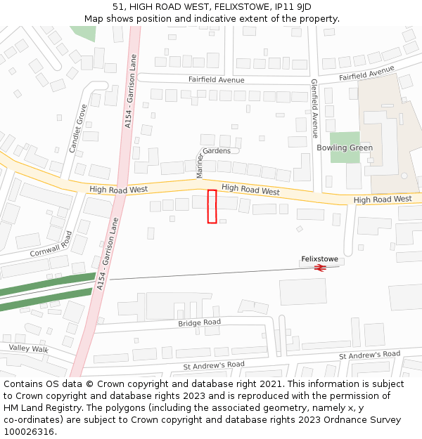 51, HIGH ROAD WEST, FELIXSTOWE, IP11 9JD: Location map and indicative extent of plot