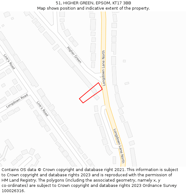 51, HIGHER GREEN, EPSOM, KT17 3BB: Location map and indicative extent of plot