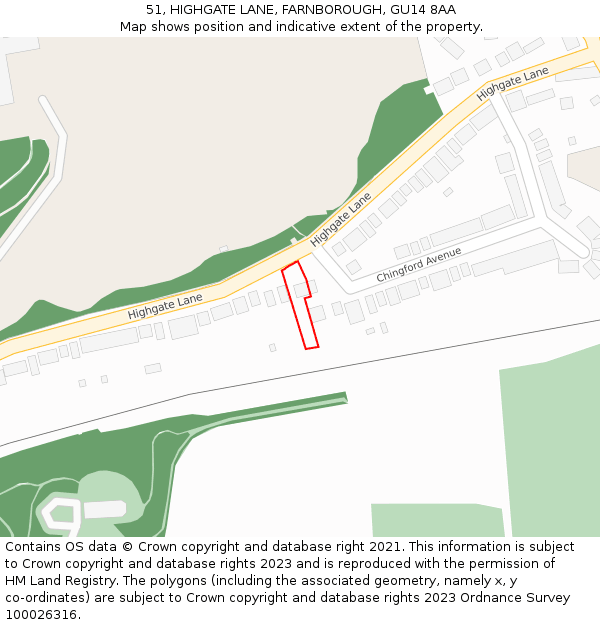 51, HIGHGATE LANE, FARNBOROUGH, GU14 8AA: Location map and indicative extent of plot