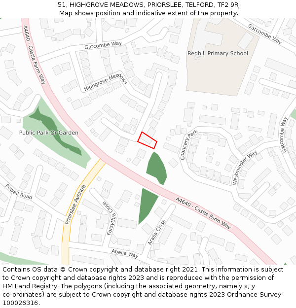 51, HIGHGROVE MEADOWS, PRIORSLEE, TELFORD, TF2 9RJ: Location map and indicative extent of plot