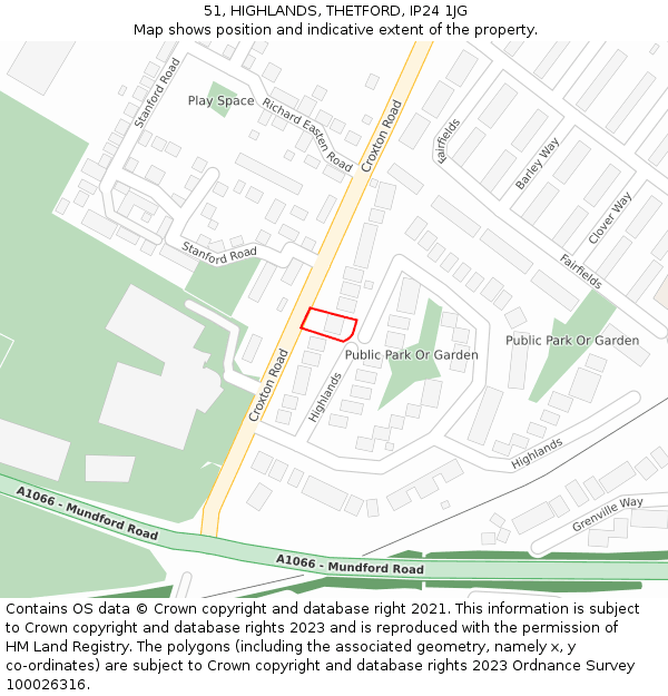 51, HIGHLANDS, THETFORD, IP24 1JG: Location map and indicative extent of plot