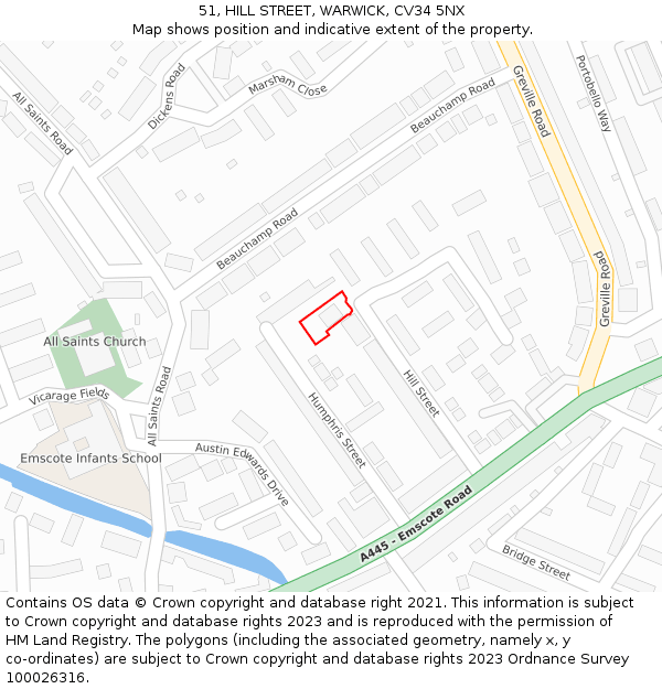 51, HILL STREET, WARWICK, CV34 5NX: Location map and indicative extent of plot