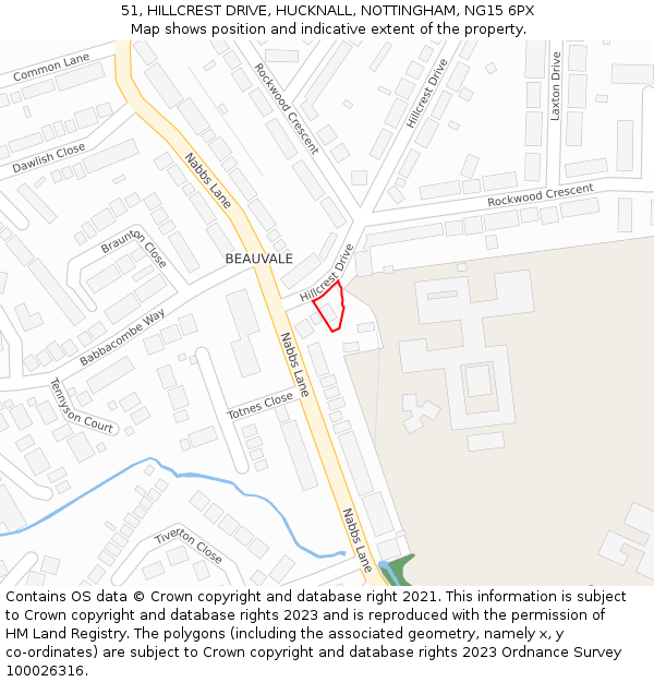 51, HILLCREST DRIVE, HUCKNALL, NOTTINGHAM, NG15 6PX: Location map and indicative extent of plot