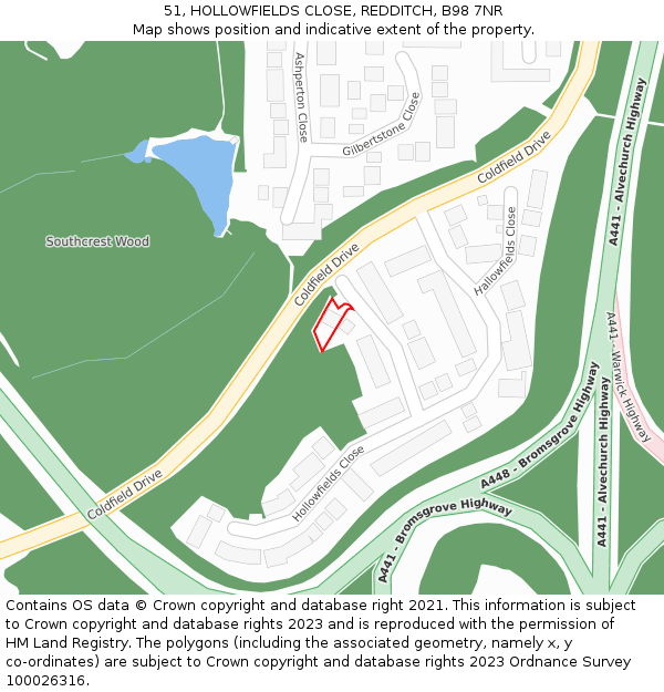 51, HOLLOWFIELDS CLOSE, REDDITCH, B98 7NR: Location map and indicative extent of plot