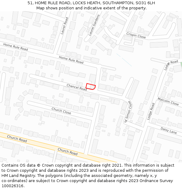 51, HOME RULE ROAD, LOCKS HEATH, SOUTHAMPTON, SO31 6LH: Location map and indicative extent of plot