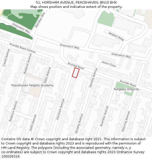 51, HORSHAM AVENUE, PEACEHAVEN, BN10 8HX: Location map and indicative extent of plot