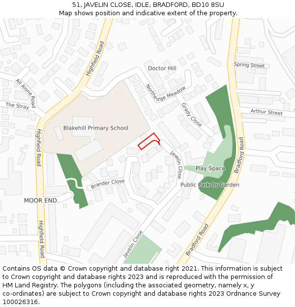 51, JAVELIN CLOSE, IDLE, BRADFORD, BD10 8SU: Location map and indicative extent of plot