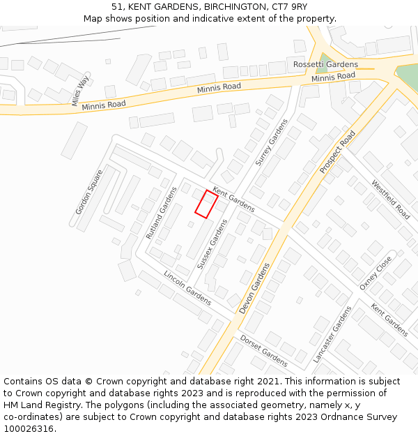 51, KENT GARDENS, BIRCHINGTON, CT7 9RY: Location map and indicative extent of plot