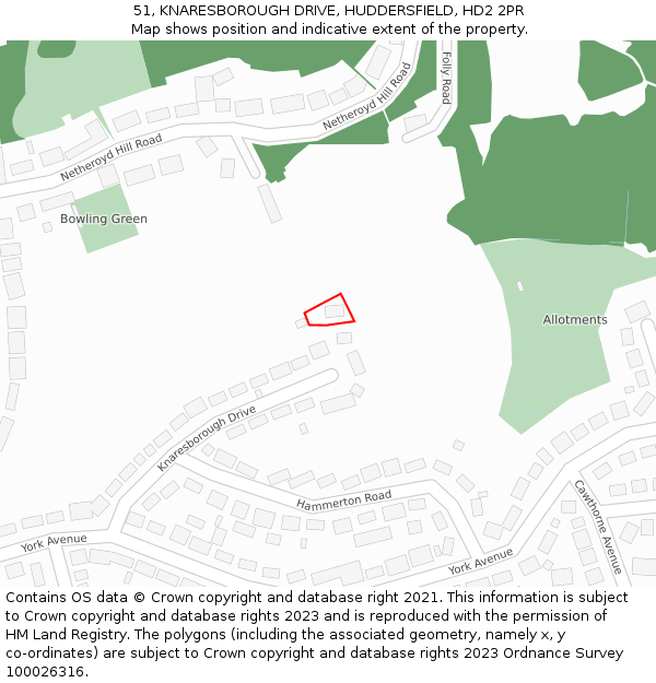 51, KNARESBOROUGH DRIVE, HUDDERSFIELD, HD2 2PR: Location map and indicative extent of plot