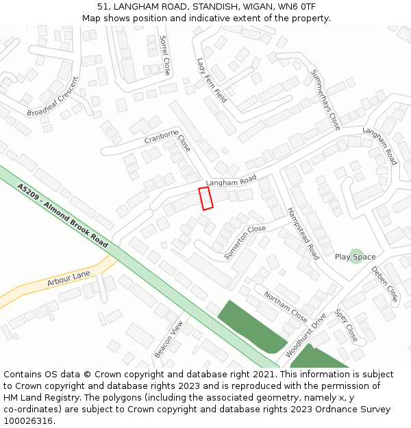 51, LANGHAM ROAD, STANDISH, WIGAN, WN6 0TF: Location map and indicative extent of plot