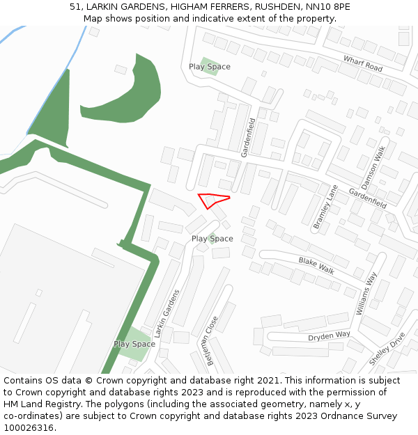51, LARKIN GARDENS, HIGHAM FERRERS, RUSHDEN, NN10 8PE: Location map and indicative extent of plot