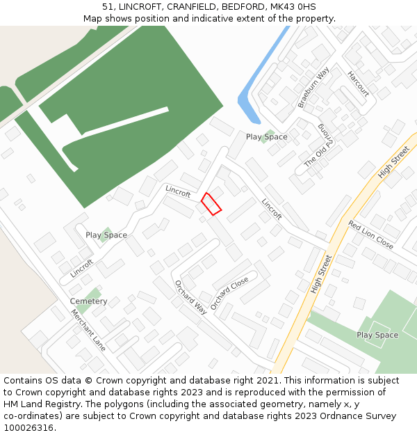 51, LINCROFT, CRANFIELD, BEDFORD, MK43 0HS: Location map and indicative extent of plot