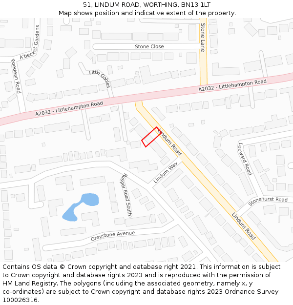 51, LINDUM ROAD, WORTHING, BN13 1LT: Location map and indicative extent of plot