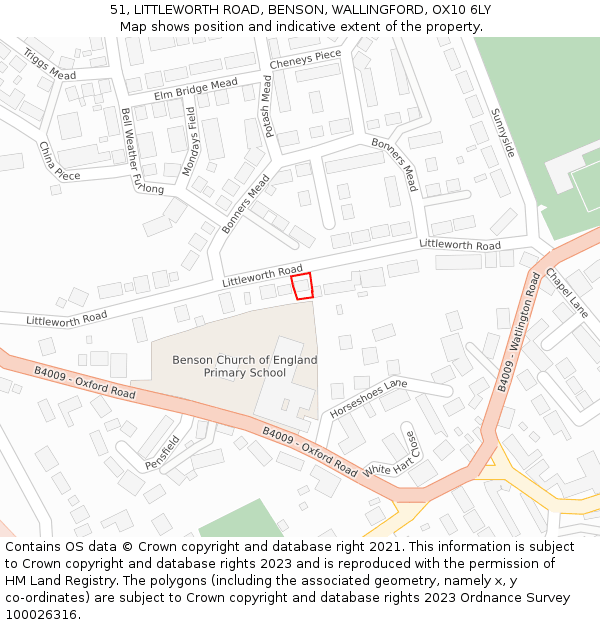 51, LITTLEWORTH ROAD, BENSON, WALLINGFORD, OX10 6LY: Location map and indicative extent of plot