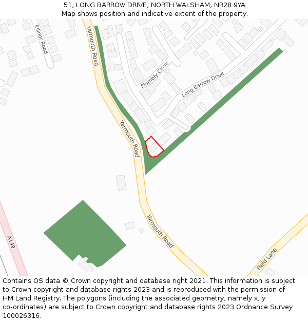 51, LONG BARROW DRIVE, NORTH WALSHAM, NR28 9YA: Location map and indicative extent of plot