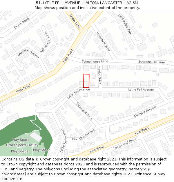 51, LYTHE FELL AVENUE, HALTON, LANCASTER, LA2 6NJ: Location map and indicative extent of plot