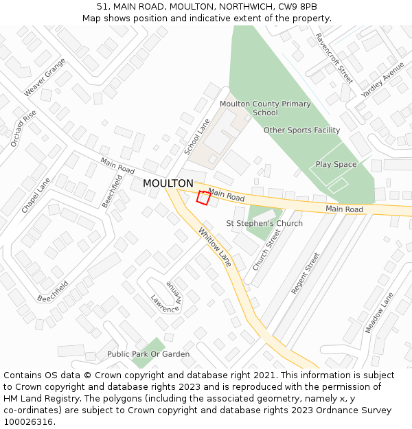 51, MAIN ROAD, MOULTON, NORTHWICH, CW9 8PB: Location map and indicative extent of plot