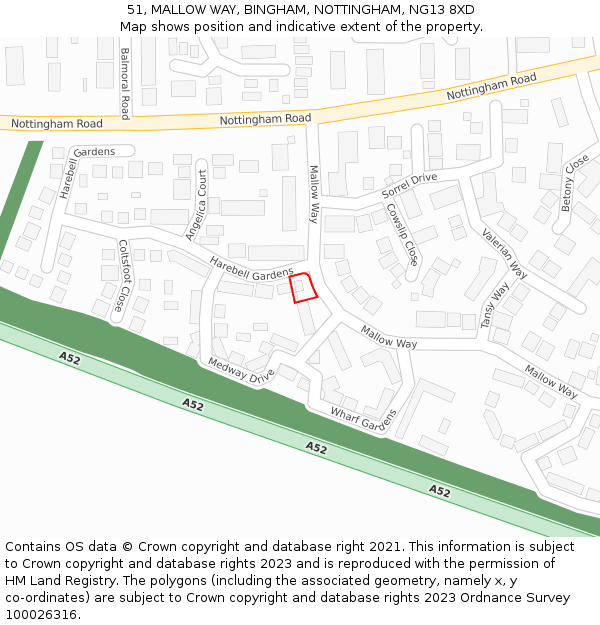 51, MALLOW WAY, BINGHAM, NOTTINGHAM, NG13 8XD: Location map and indicative extent of plot