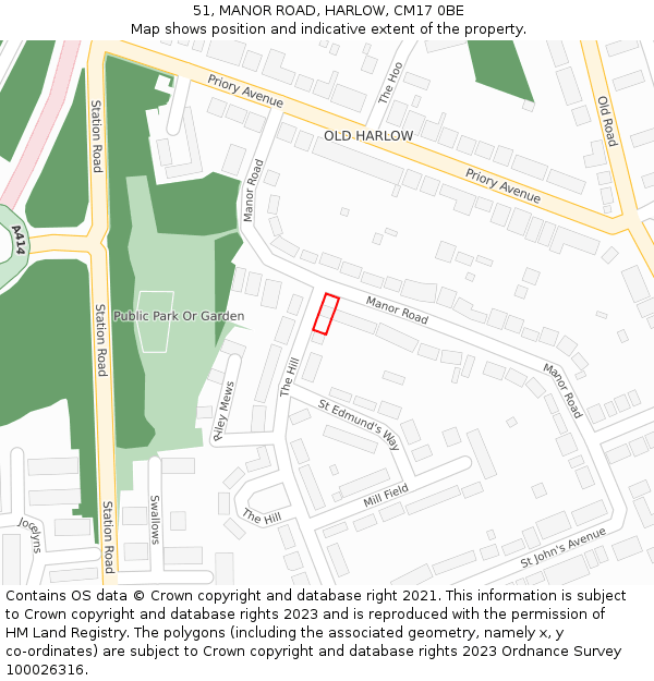 51, MANOR ROAD, HARLOW, CM17 0BE: Location map and indicative extent of plot