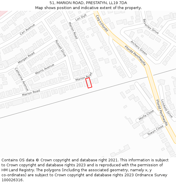 51, MARION ROAD, PRESTATYN, LL19 7DA: Location map and indicative extent of plot
