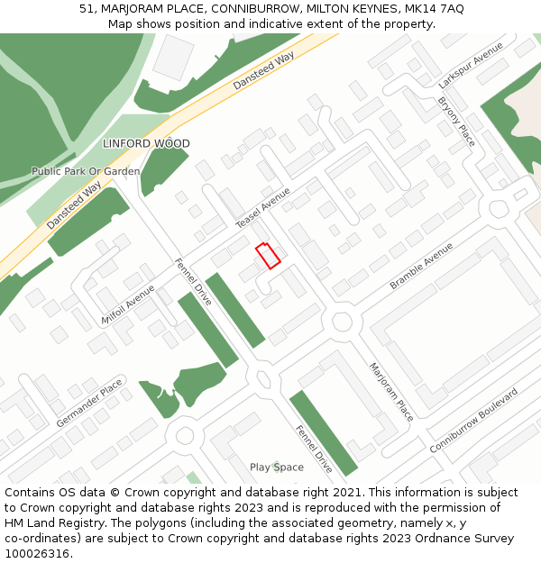 51, MARJORAM PLACE, CONNIBURROW, MILTON KEYNES, MK14 7AQ: Location map and indicative extent of plot