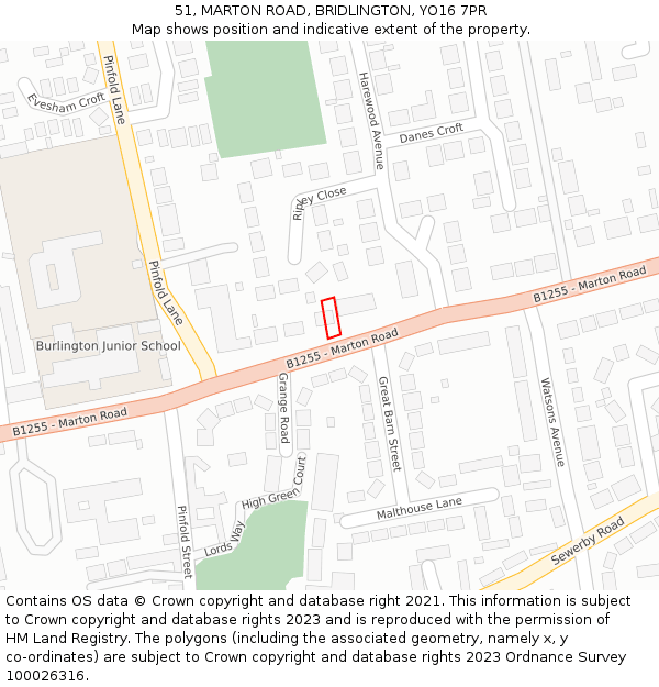 51, MARTON ROAD, BRIDLINGTON, YO16 7PR: Location map and indicative extent of plot