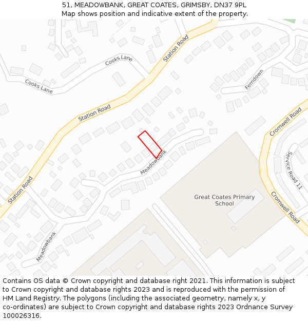 51, MEADOWBANK, GREAT COATES, GRIMSBY, DN37 9PL: Location map and indicative extent of plot