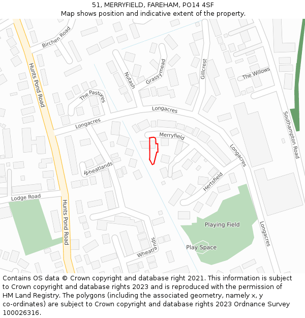 51, MERRYFIELD, FAREHAM, PO14 4SF: Location map and indicative extent of plot