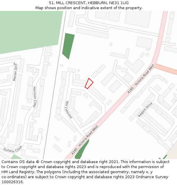 51, MILL CRESCENT, HEBBURN, NE31 1UG: Location map and indicative extent of plot