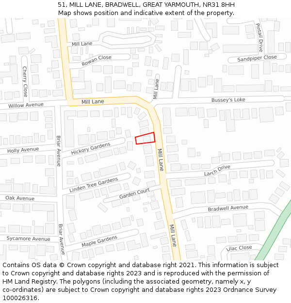 51, MILL LANE, BRADWELL, GREAT YARMOUTH, NR31 8HH: Location map and indicative extent of plot