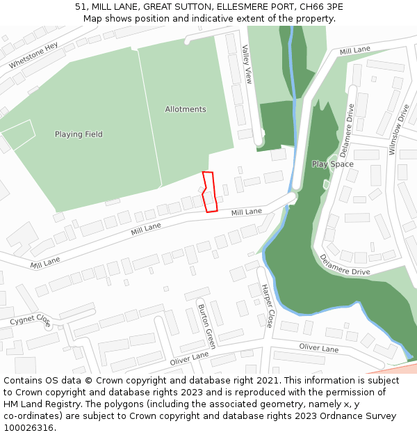 51, MILL LANE, GREAT SUTTON, ELLESMERE PORT, CH66 3PE: Location map and indicative extent of plot