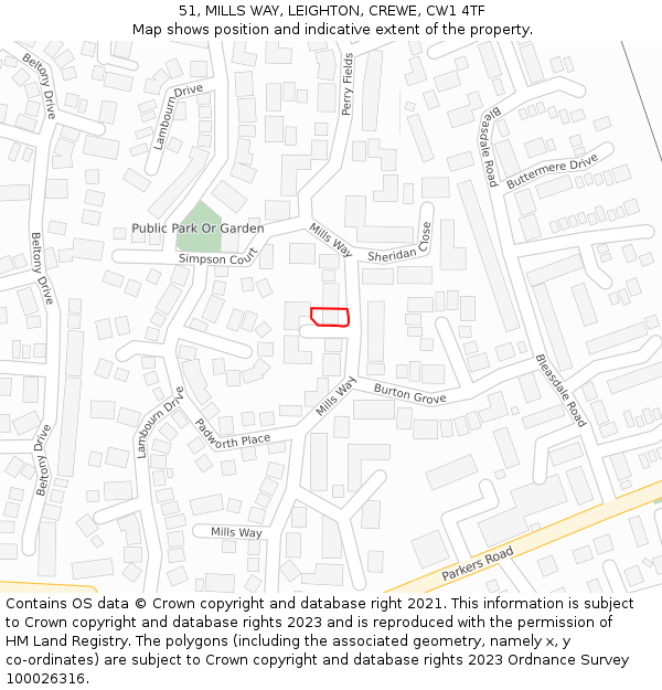 51, MILLS WAY, LEIGHTON, CREWE, CW1 4TF: Location map and indicative extent of plot