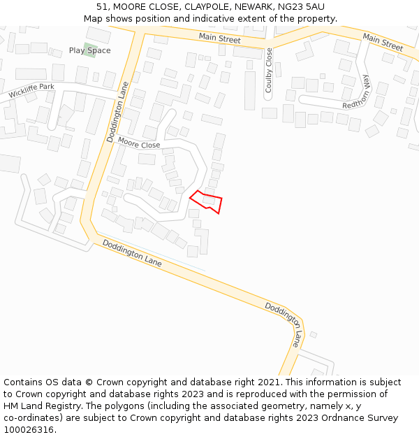 51, MOORE CLOSE, CLAYPOLE, NEWARK, NG23 5AU: Location map and indicative extent of plot