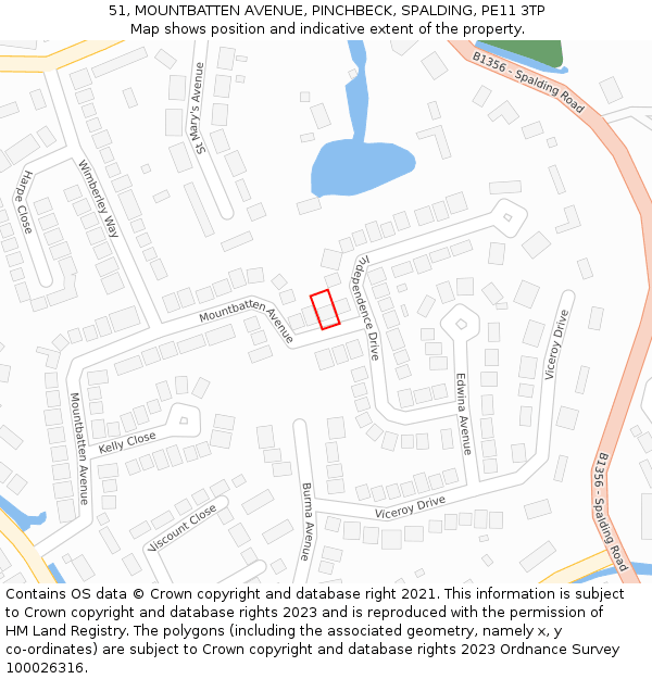 51, MOUNTBATTEN AVENUE, PINCHBECK, SPALDING, PE11 3TP: Location map and indicative extent of plot
