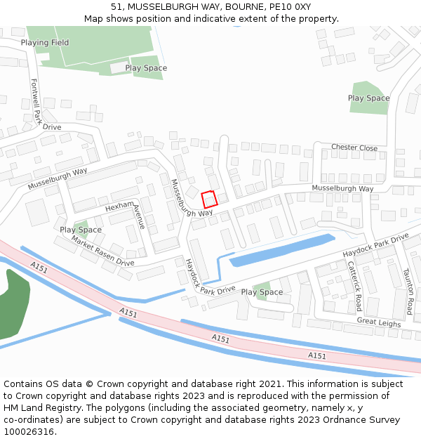 51, MUSSELBURGH WAY, BOURNE, PE10 0XY: Location map and indicative extent of plot