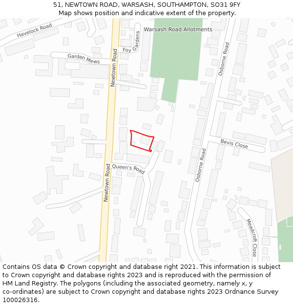 51, NEWTOWN ROAD, WARSASH, SOUTHAMPTON, SO31 9FY: Location map and indicative extent of plot