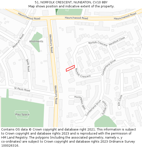 51, NORFOLK CRESCENT, NUNEATON, CV10 8BY: Location map and indicative extent of plot