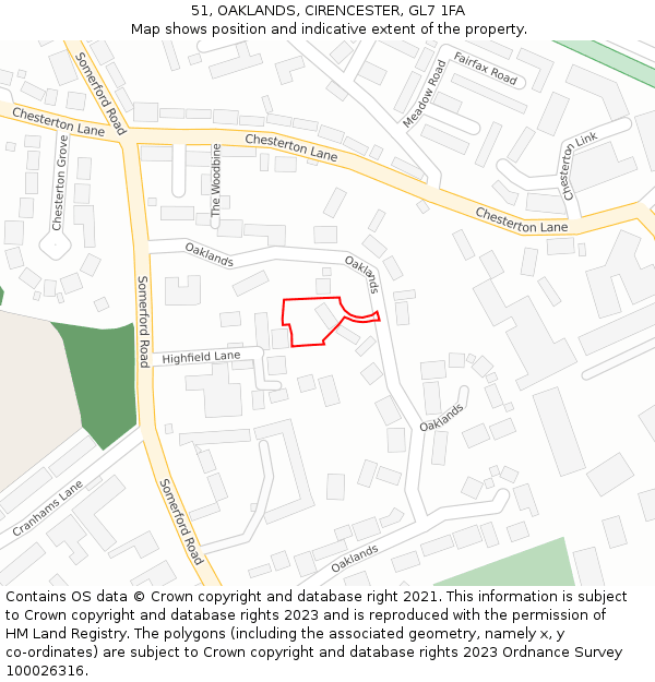 51, OAKLANDS, CIRENCESTER, GL7 1FA: Location map and indicative extent of plot