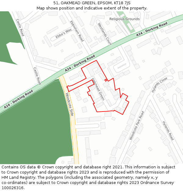 51, OAKMEAD GREEN, EPSOM, KT18 7JS: Location map and indicative extent of plot