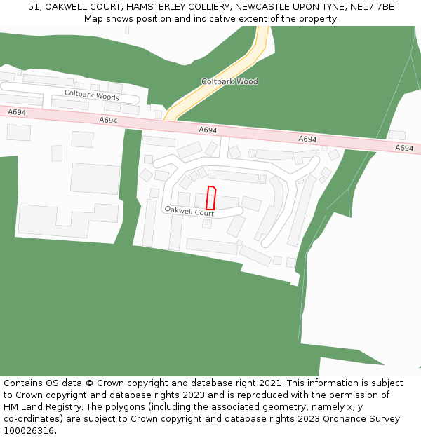 51, OAKWELL COURT, HAMSTERLEY COLLIERY, NEWCASTLE UPON TYNE, NE17 7BE: Location map and indicative extent of plot