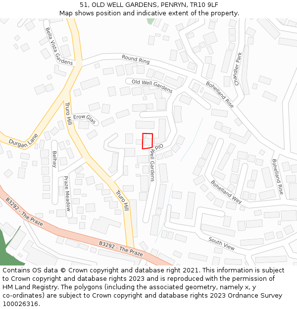 51, OLD WELL GARDENS, PENRYN, TR10 9LF: Location map and indicative extent of plot