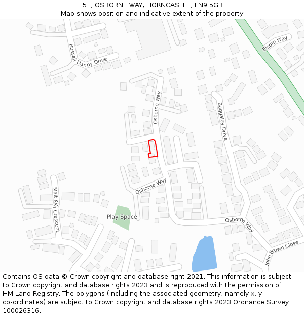 51, OSBORNE WAY, HORNCASTLE, LN9 5GB: Location map and indicative extent of plot